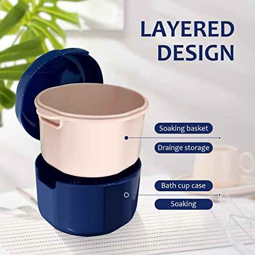 Denture Cup, Denture Bath, Denture Cups for Soaking Dentures, Denture Case with Lid, Denture Bath with Rinsing Basket, Easy to Carry and Clean Retainer Case Denture Cleaning kit
