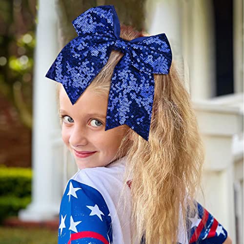 12 PCS 8" Large Glitter Cheer Bows Blue Girl Hair Bows Sparkly Cheerleading Softball Team Bow Hair Accessories for cheerleaders football Competition Sports