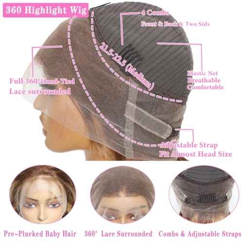 360 Lace Front Wigs Human Hair Full Lace Human hair Wigs Ombre Lace Frontal 180 Density 4/27 Colored Honey Blonde 360 HD Transparent Wigs for Black Women (22 Inch)