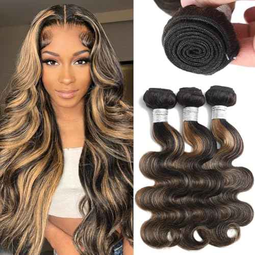 1b/27 Honey Blonde Highlight Bundles Human Hair Body Wave 14 16 18 Inch, Black and Blonde Balayage 3 Bundles Loose Wave Sew In Weave, 12A 100% Unprocessed Brazilian Raw Virgin Hair, P1b/27