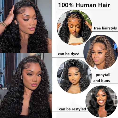 Caijuxing Water Wave Lace Front Wigs Human Hair 13x6 HD Lace Front Wigs Human Hair 200% Density (Natural Black- Water Wave Wig, 18 Inch)