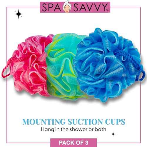 Bath Loofah Set, 3 Pack Shower Pouf Body Sponges with Suction Cups, Exfoliating Bath Accessories for Men and Women, Multicolor