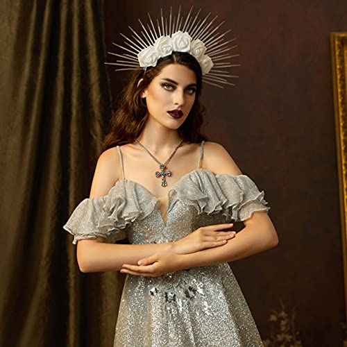 Fantherin Halo Crown with Roses Womens Mexican Flower Goddess Rose Spiked Sun Headpiece for Cosplay Halloween Costume