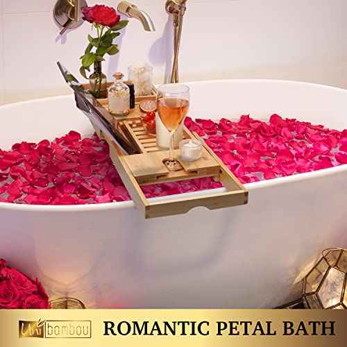Bamboo Bathtub Caddy Tray for Luxury Bath, Expandable Bath Tray for Tub with Book and Wine Holder- Gift Idea for Loved Ones