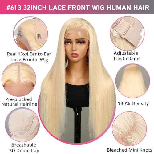 32 Inch 613 Lace Front Wigs Human Hair 200 Density Blonde Wig Human Hair 613 Straight Frontal Wigs Human Hair Pre Plucked For Women 13x4 Honey Blonde HD Lace Front Wig