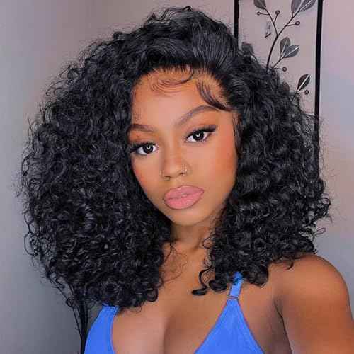 Curly Bob Wig Human Hair 13x6 Frontal Lace Wig Deep Curly Virgin Human Hair Wig Pre Plucked HD Transparent Lace Frontal Wigs for Women Natural Black 14 Inch