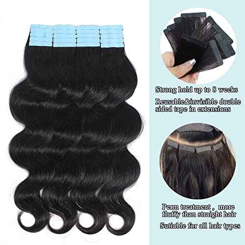 HUA Body Wave Tape in Hair Extensions 18 Inch 100% Human Hair 40PCS 100 Gram Reusable Tape ins Black Wavy Hair