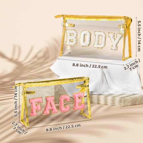 EZdhuawuse Clear Travel Toiletry Bag - 2Pcs FACE BODY Transparent Makeup Bag Large Capacity Gold Travel Pouch Waterproof Cosmetic Bag Clear Letterst Sunscreen Bag Travel Accessories for Women Girls