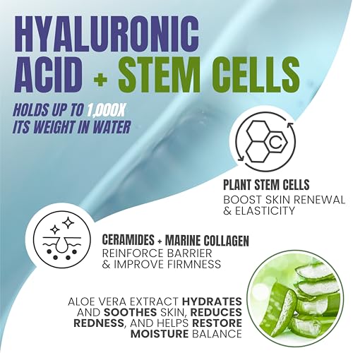 Alozera Pure Hyaluronic Acid Serum with Stem Cells for Face & Neck, Deep Hydration Facial Moisturizer for Plumper & Smoother Skin, Concentrated Anti-Aging Serum, Day & Night