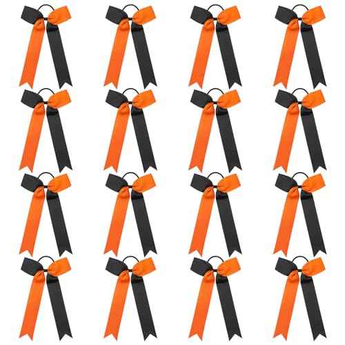DEEKA 16 PCS Collegiate Style Ponytail Holders - Long Tail Skinny Handmade Bows for Girls, Teens, Softball, Cheerleaders - Orange/Black
