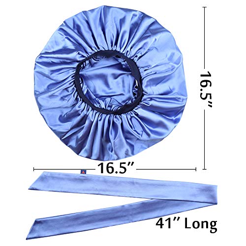 Double Layer Bonnet Long Satin Cap Head Wrap for Sleeping Blue