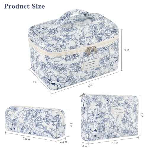 Makeup Bag, 3 Pcs Cotton Floral Quilted Makeup Bag Set, Large Toiletry Travel Cosmetic Bag for Women