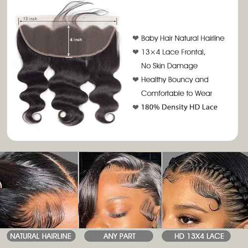 12A Human Hair Bundles with Closure Frontal (18 20 22 24 &16 Frontal) Body Wave 4 Bundles Human Hair with 13x4 HD Lace Frontal - Brazilian Quick Weave Hair Extension Real Human Hair for Daily Use