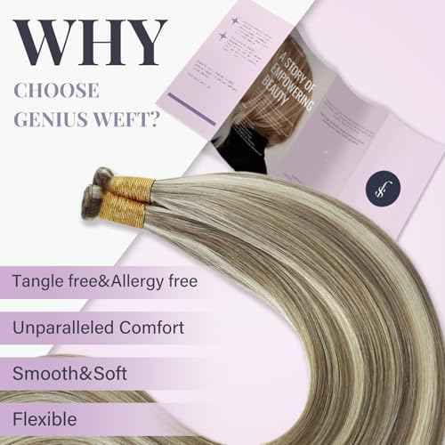 Fshine Genius Weft Hair Extensions Real Human Hair 22 Inch Light Brown with Platinum Blonde Sew in Hair Extensions Highlighted in Extensions Long Straight Hair 60g