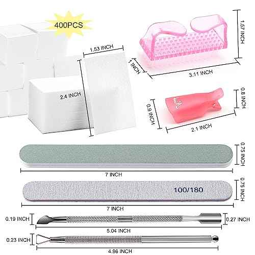 Gel Nail Polish Remover Tools Kit, with 10 Pcs Nail Clips, 400 Pcs Lint Free Nail Wipes, Nail Files 100/180, Buffer Block 400/4000, Nail Brush, Cuticle Pusher, Cuticle Peeler (Pink)
