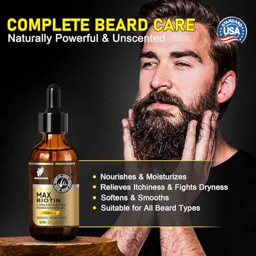 Biotin Beard Growth Oil for Men - Vitamin B5 & Castor Oil Formula, Promote Thicker Fuller Beard, Daily Care, Styling & Taming, Hydrating, Lightweight Non-Greasy, Vanilla 2oz Gift for Him