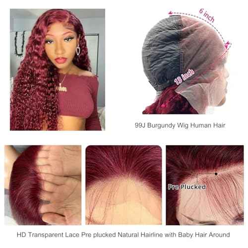 Burgundy Wig Human Hair 99j Burgundy 13x6 Deep Wave Lace Front Wigs Human Hair Pre Plucked HD Transparent Lace Frontal Wigs for Black Women Red Colored Wig 24 Inch