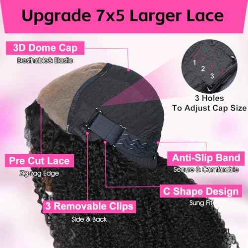V SHOW Afro Kinky Curly Wear and Go Glueless Wigs Human Hair Pre Plucked Pre Cut 7x5 HD Lace Front Wigs Pre Bleached Bye Bye Knots 180% Density Afro Curly Lace Closure Wig Human Hair for Women 18 Inch