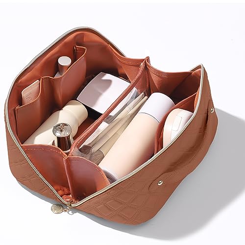 Ineowelly Makeup Bag, Large Capacity Travel Cosmetic Bag for Women, PU Leather Makeup Travel Bag Waterproof, Multifunctional Toiletry Bag with Portable Handle & Layered (Brown)