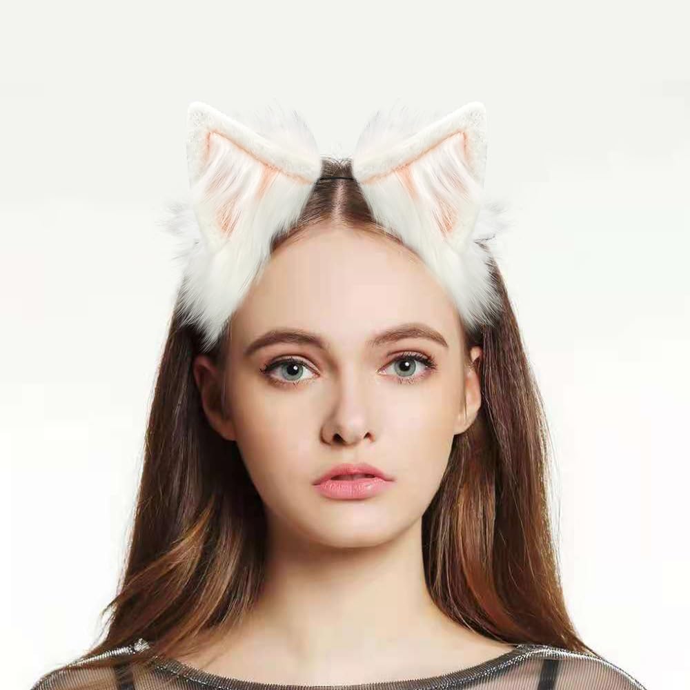 GaliaFaya Cat Wolf Fox Dog Ears Headband Handmade Long Faux fur Cosplay Halloween Costume Party (White and Pink)