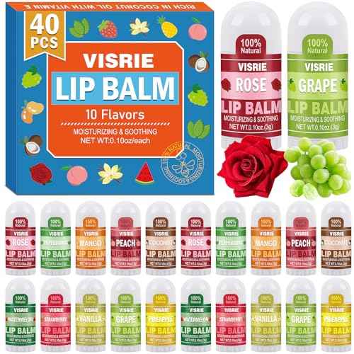 Mini Lip Balm 40 Pack, Natural Lip Balms Bulk with Vitamin E and Coconut Oil, Moisturizing Lip Balm for Dry Cracked lips - 10 Flavors