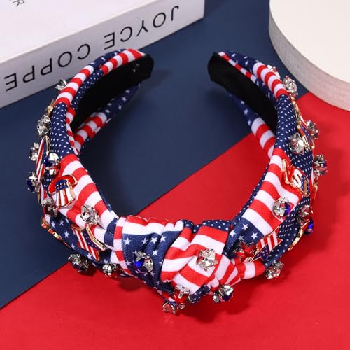 CEALXHENY 4th of July Headbands for Women, 4th of July Accessories, American Flag Patriotic Headbands, Rhinestone Pearl Knotted Headbands Beads Embellished Jeweled Headbands Holiday Gifts (US Flag D)