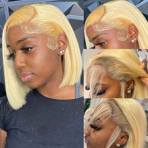 Honey Blonde 613 Bob Wig Human Hair 13x4 HD Lace Front Glueless Wigs Pre Plucked Pre Cut 100% Unprocessed Brazilian Raw Blonde Human Hair Wigs for Black Women - 12 Inch Blonde Bob Wig