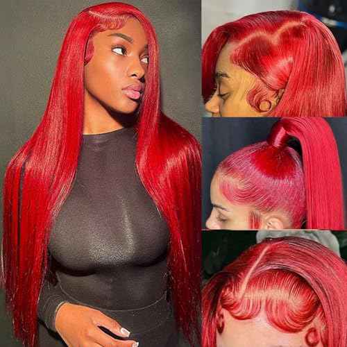 13x6 Red Synthetic Lace Front Wigs Long Straight Hair Red Color Wigs Pre Plucked Wig Natural Hairline Glueless Lace Wigs Heat Resistant Fiber Hair Synthetic Lace Front Wigs for Women Daily Use