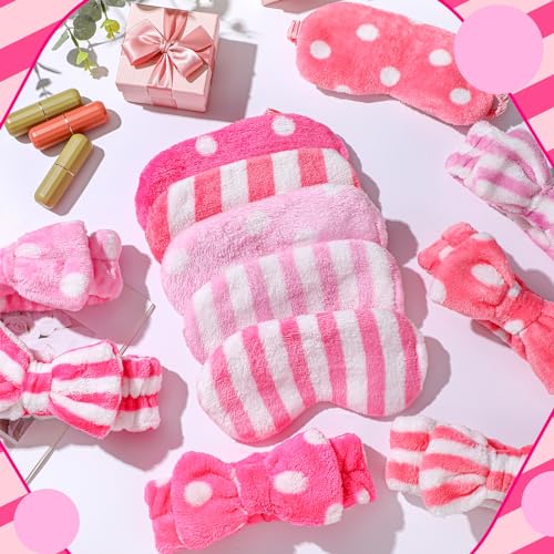 Kajaia 12 Pcs Sleepover Party Favors for Woman, Spa Headband for Washing Face Bow Makeup Headbands, Plush Sleep Eye Mask for Single Women Spa Pajama Party Supply(Bright)