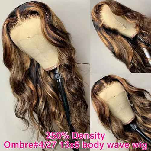 250% Density Honey Blonde Body Wave Lace Front Wig Human Hair 4/27 Highlight Ombre Lace Front Wigs 13x6 Glueless HD Transparent Lace Frontal Wig for Women Pre Plucked with Baby Hair (24inch)