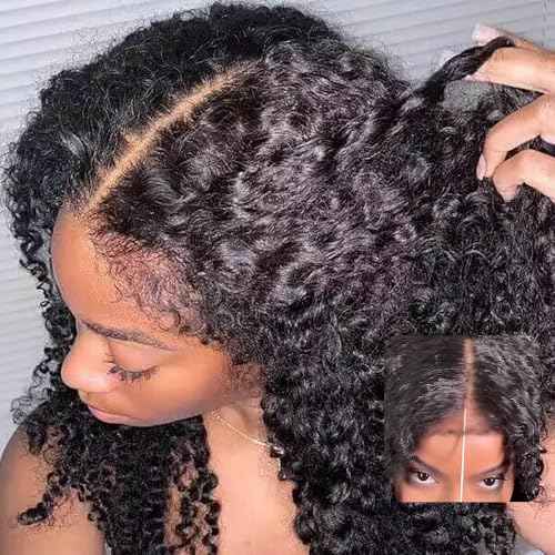 4C Edges Glueless Wigs Kinky Curly Human Hair Pre Plucked Pre Cut 6x4 HD Lace Front Wear and Go Glueless Wig with Kinky Edges 180% Density 18 inch