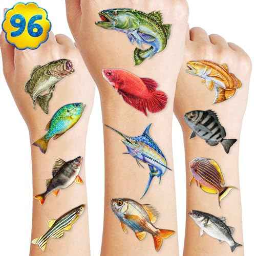Generic Fishing Temporary Tattoos - Gone Fishing Fish Lake 96 PCS Funny Fish Themed Stickers for Kids Birthday Party Supplies, Decorations, Favors and Prizes - Cute Gifts for Boys and Girls