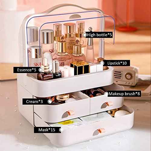 "Makeup Organizer, Dustproof Cosmetic Storage Box with Portable Handle & Fully Open Waterproof Lid for Bathroom Countertop Bedroom Dresser(White)"
