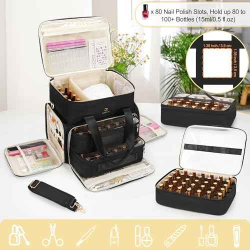 Relavel Nail Polish Organizer, Double Layer Nail Bag Holds 80-100 Bottles (15ml/0.5fl.oz) & Nail Lamp Nail Kit Storage Case, Extra Large Travel Nail Supplies Shoulder Bag for Manicure Tools (Black)