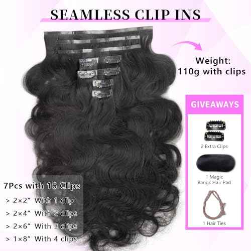 24 inch Seamless Body Wave Clip in Extensions Real Human Hair Extensions Clip Ins 110g 7pcs Thick Invisible Clip in Hair Extensions #1B Natural Black