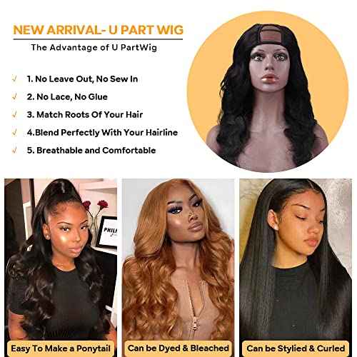 U Part Human Hair Wig Body Wave Drawstring Wig 180% Density U Part Wig Brazilian Virgin Human Hair wigs for Women Full Head Clip in Half Wigs Glueless No Leave Out Lace Front Wig Natural Color 20inch