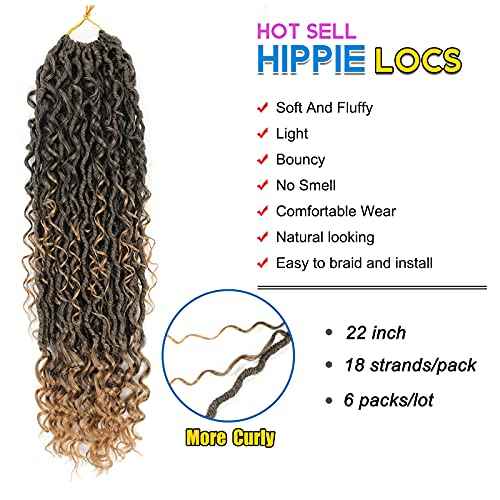 6 Packs Curly Faux Locs Crochet Hair, 22 Inch Goddess Locs Crochet Hair, Hippie Locs Synthetic, Boho Style Crochet Braids Hair Extensions (22Inch, 6Packs, T1B/27)