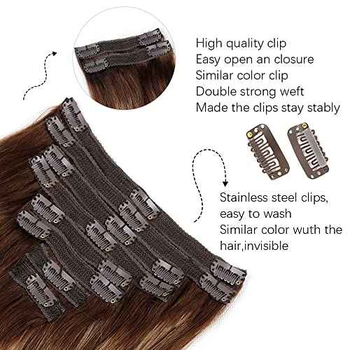 Clip in Hair Extensions for Women Brazilian Virgin Human Hair Extension Straight 8Pcs Remy Hair Extensions Clip in Human Hair with 18Clips Double Lace Weft 120Gram (16inch, #4/27/4)