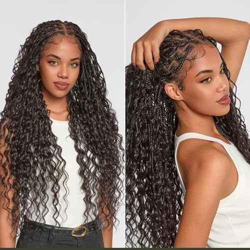 Frodio Braided Wig Veralux¢â Fiber Full Lace Boho Curly Water Wave Synthetic Box Braided Wigs For Black Women Salon-Level 200% Density Bohemia Natural Scalp 30 Inches