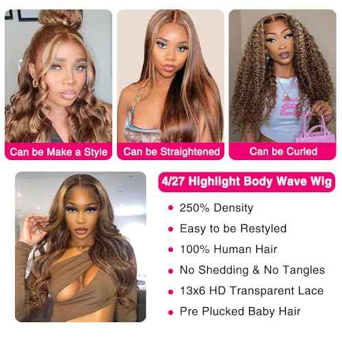 250% Density Honey Blonde Body Wave Lace Front Wig Human Hair 4/27 Highlight Ombre Lace Front Wigs 13x6 Glueless HD Transparent Lace Frontal Wig for Women Pre Plucked with Baby Hair (24inch)