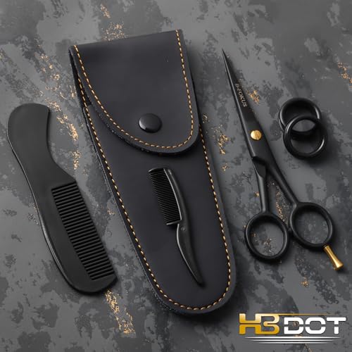 HB-DOT 5" Professional Mustache & Beard Scissors, German Stainless Steel Mustache Scissors, Mustache Scissors for Men with PU Leather Pouch and Comb set. (Black, 5 inches)