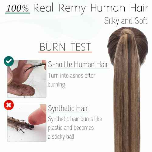 S-noilite Wrap Around Ponytail Extension Human Hair #4P27 Medium Brown Mix Dark Blonde Ponytail Extensions Real Remy Hair 22inch Long Straight Clip in Human Hair Ponytail 95Grams