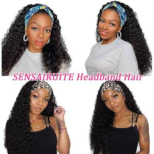 SENSAIRUITE Headband Wig Human Hair 24 Inch Deep Wave Headband Wigs for Black Women 180% Density Wear and Go Glueless Curly Wig Natural Color