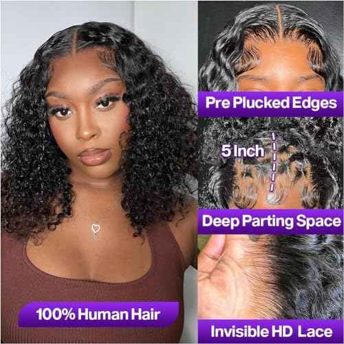 Curly BOB Wig Human Hair 200 Density 5x5 HD Lace Closure Deep Wave Wigs for Black Women Glueless Wear and Go Pre Plucked Deep Wave Wet and Wavy Glueless Wigs Human Hair Natural Black 14 Inch