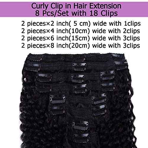 Curly Clip In Extension Human Hair 3C 4A Kinky Curly Clip Ins Full Head for Black Women Brazilian Remy Human Hair Natural Color 8Pcs with18clips 120g/Set (28 inch, curly wave)