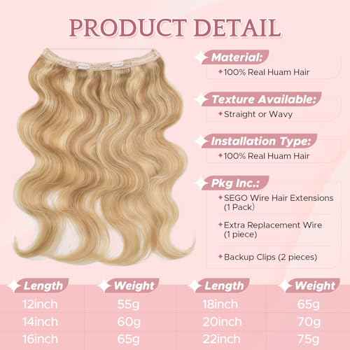 SEGO Halo Hair Extensions, Wavy Adjustable Invisible Wire Extensions, Real Human Hair, 2 Clips for Women Transparent Fish Line Extensions, Add Length Volume, 16 inches, Gold Blonde Mixed Bleach Blonde