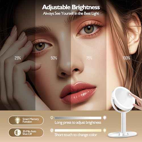 Makeup Mirror with Lights, 30X Magnifying & Height Adjustable, Lighted Magnifying Mirror with 3 Light Modes and Stepless Dimming, Vanity Mirrors for Bathroom, Birthday Gift for Women, White