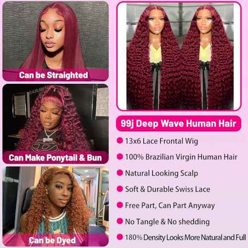 Burgundy Lace Front Wigs Human Hair 13x6 Deep Wave Lace Front Wigs Human Hair 180 Density Red Colored Wigs Human Hair for Black Women 99j Curly Lace Frontal Wigs (24 Inch)