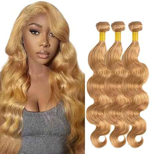 27# Blonde Human Hair Bundles 24 26 28 Inch Honey Blonde Bundle 27 Color Body Wave Bundles Human Hair Unprocessed Brazilian Virgin Quick Weave Hair for Black Women