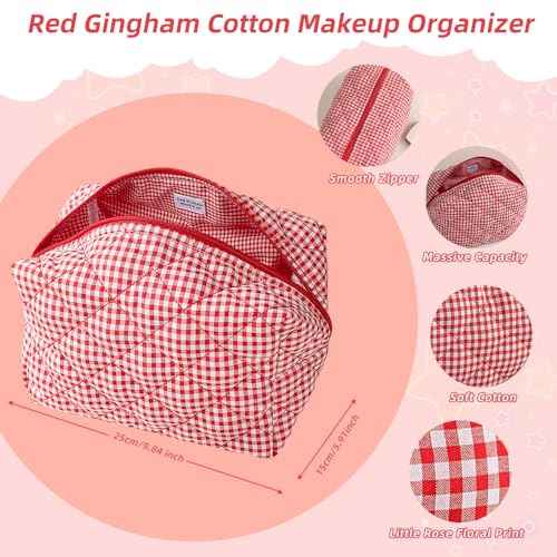 Handmade Makeup Bag, Skincare Cotton Organizer Zipped Pouch, 2 Pieces, Gingham Beauty Purse for Women Girls,Red